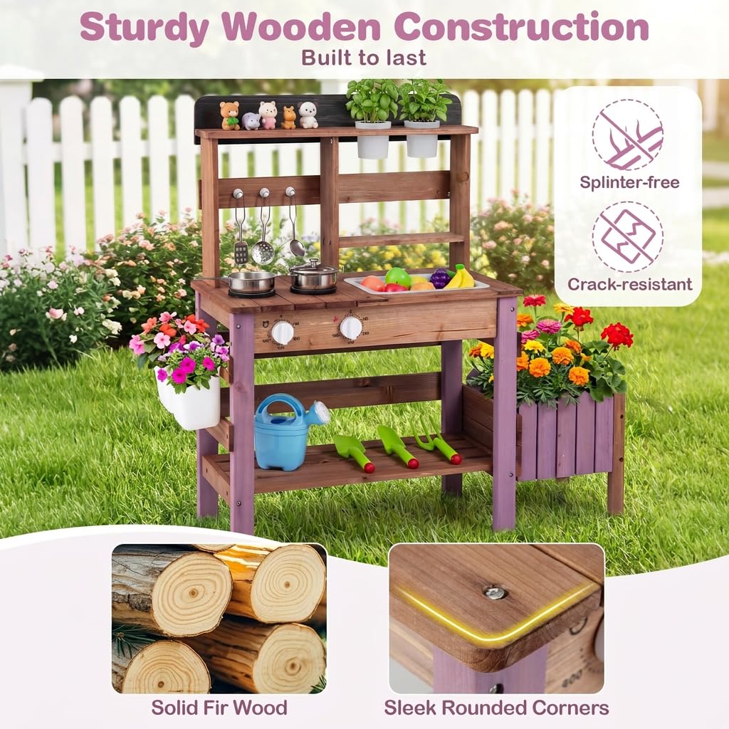 Kids Mud Kitchen, Garden Potting Bench with 2 Planting Pots, 2 Storage Bins, 2 Trowels
