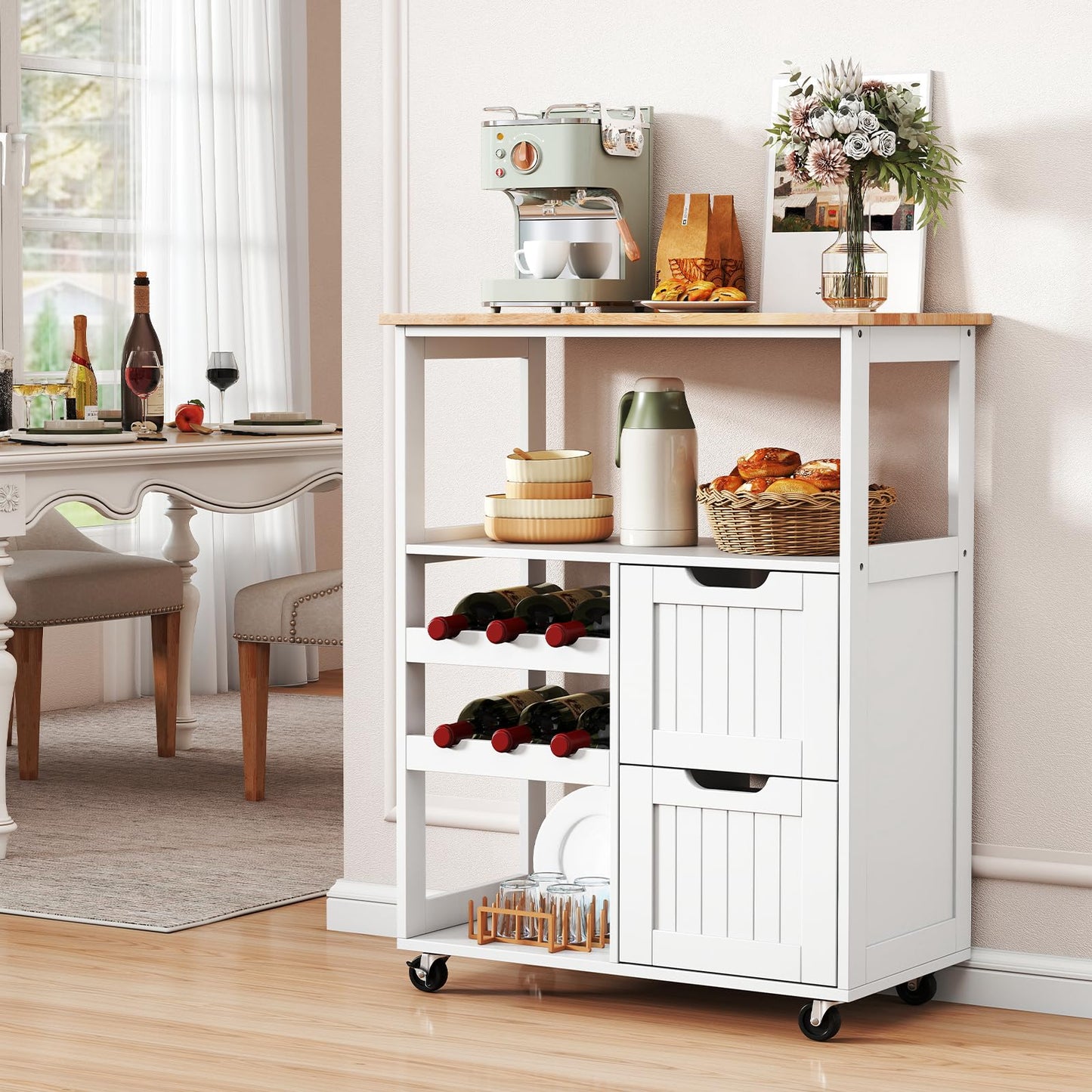 Rolling Kitchen Island Cart with Rubber Wood Top, White