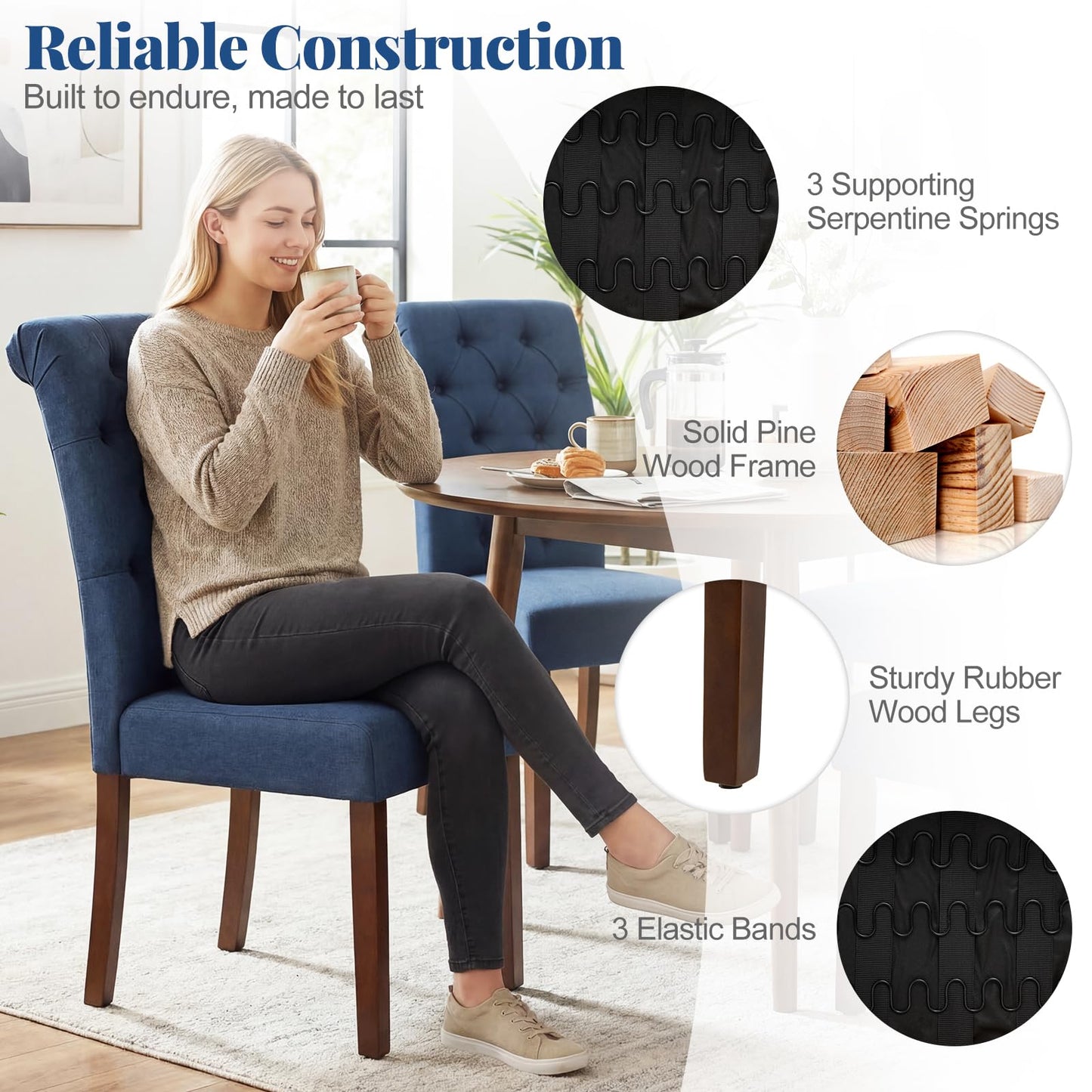 Upholstered Dining Chairs Set of 2 Button Tufted Chairs with Padded Seat and Backrest