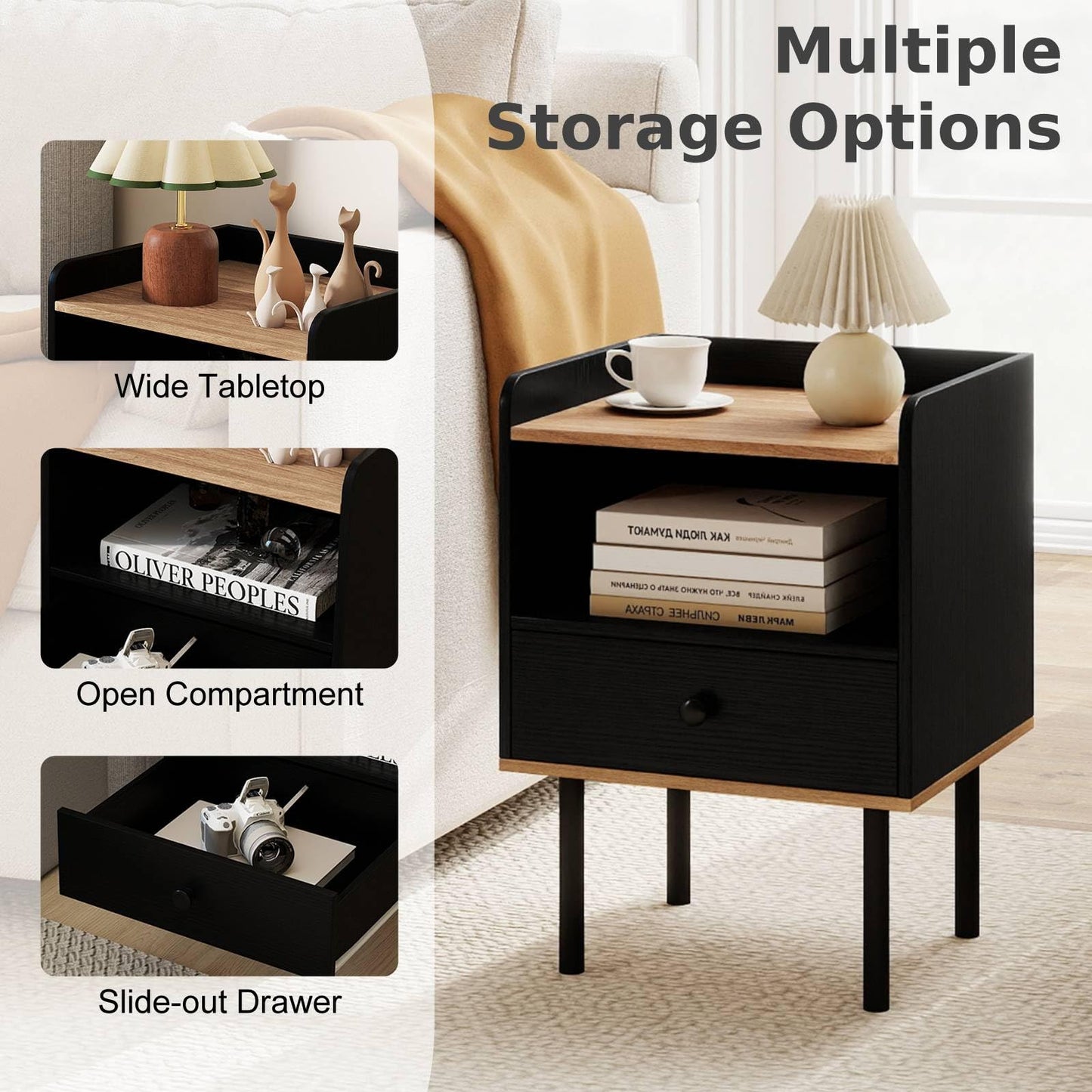 Modern Sofa Side Table with Drawer and Metal Legs for Small Spaces