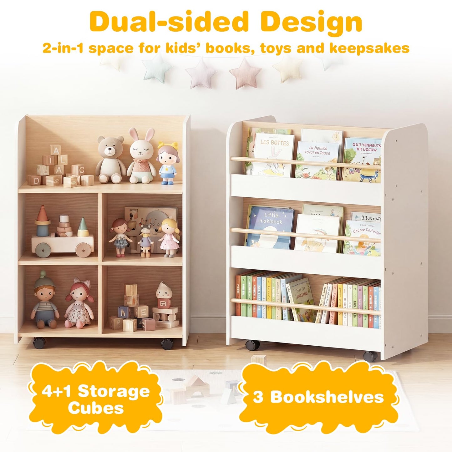 3-Tier Bookshelf for Kids with Wheels Double-sided Book Display