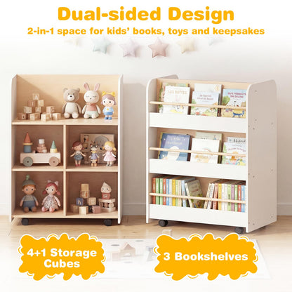 3-Tier Bookshelf for Kids with Wheels Double-sided Book Display