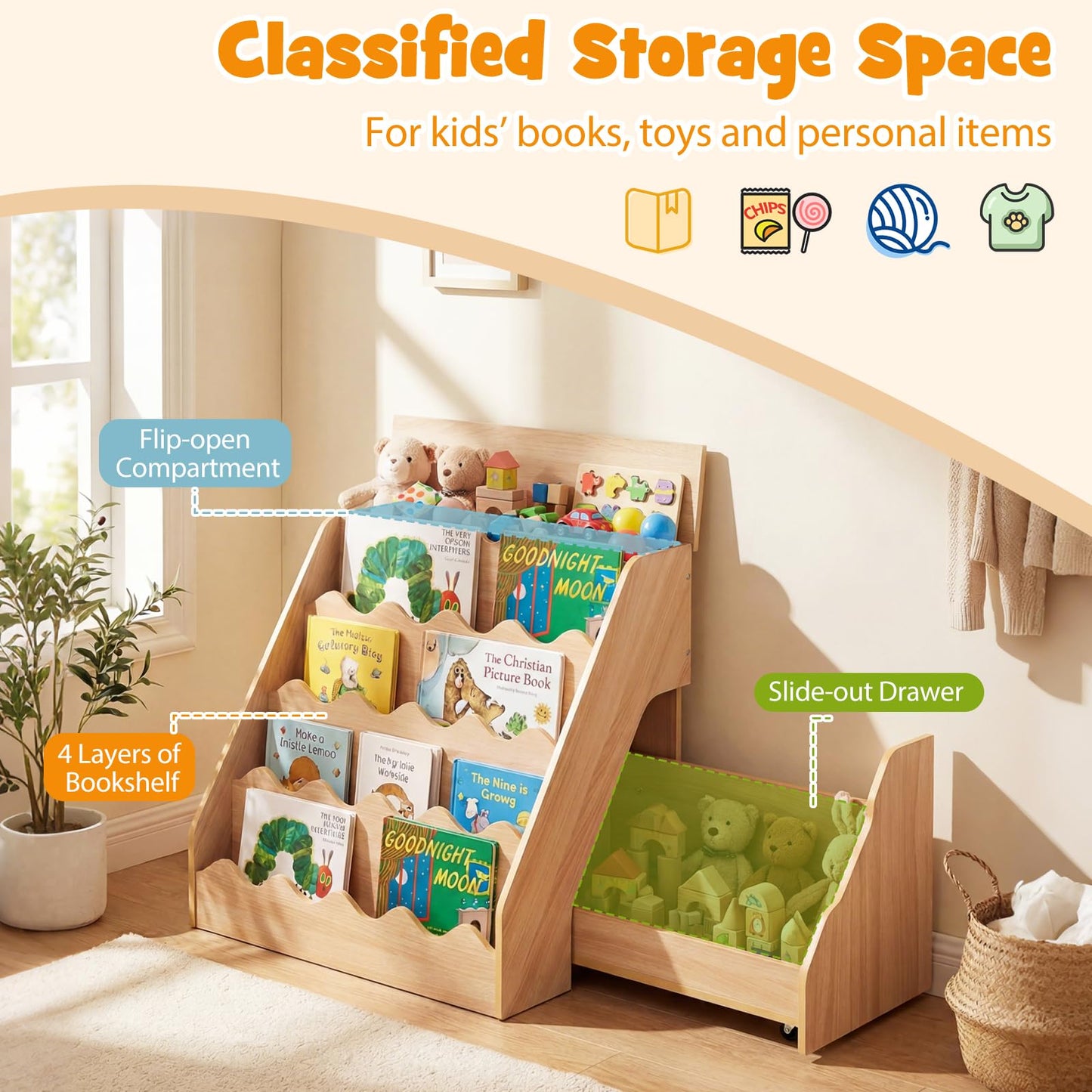 Kids Bookshelf, Wooden Toddler Book Toy Storage Organizer