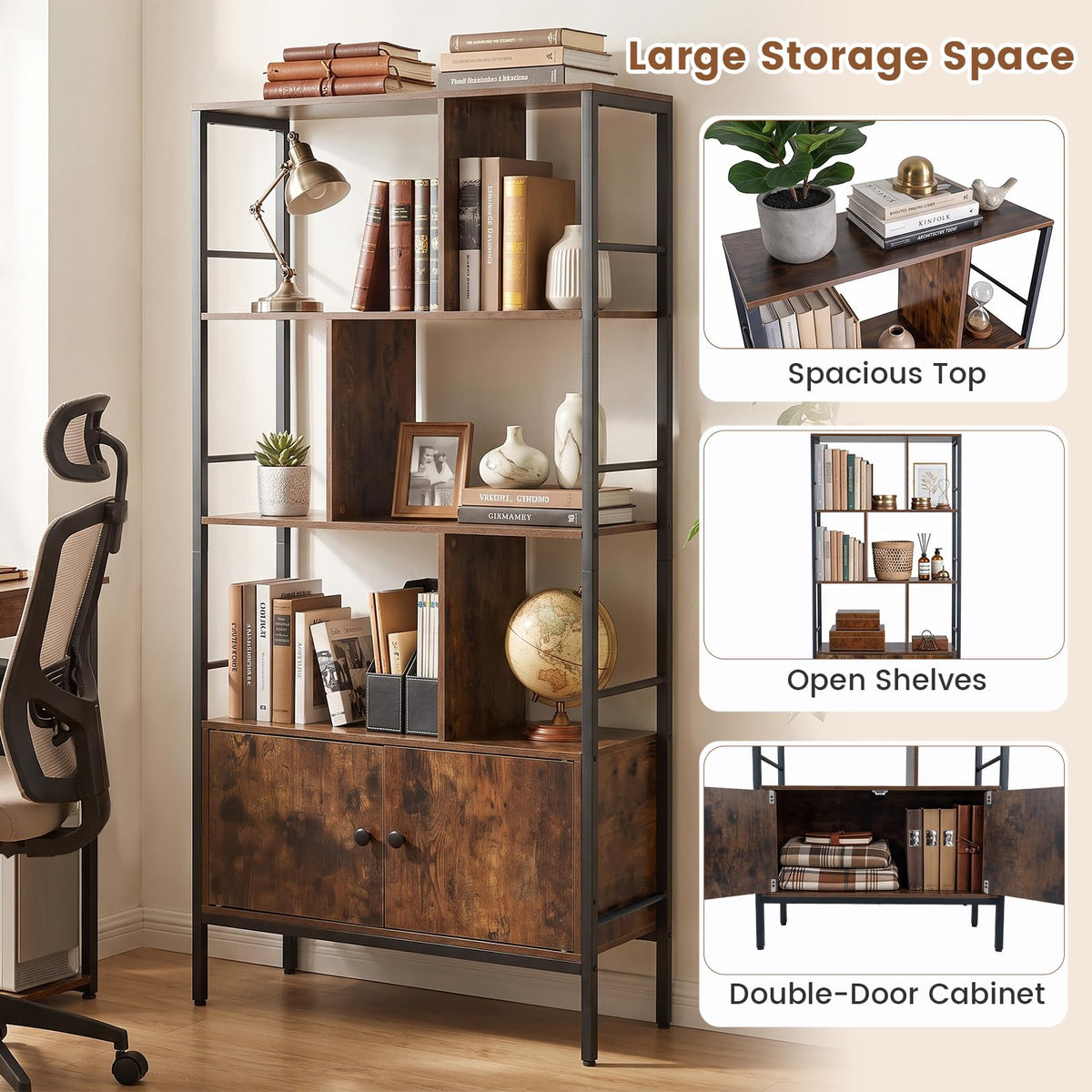 Modern Bookcase with Steel Frame 3-Tier Shelves and 2-Door Cabinet for Living Room