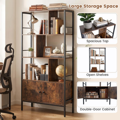 Modern Bookcase with Steel Frame 3-Tier Shelves and 2-Door Cabinet for Living Room