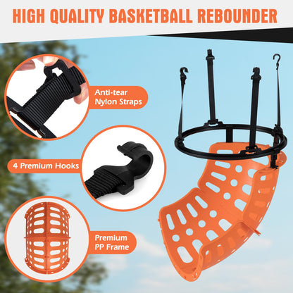360° rotating basketball rebounder with 4 tool-free hooks