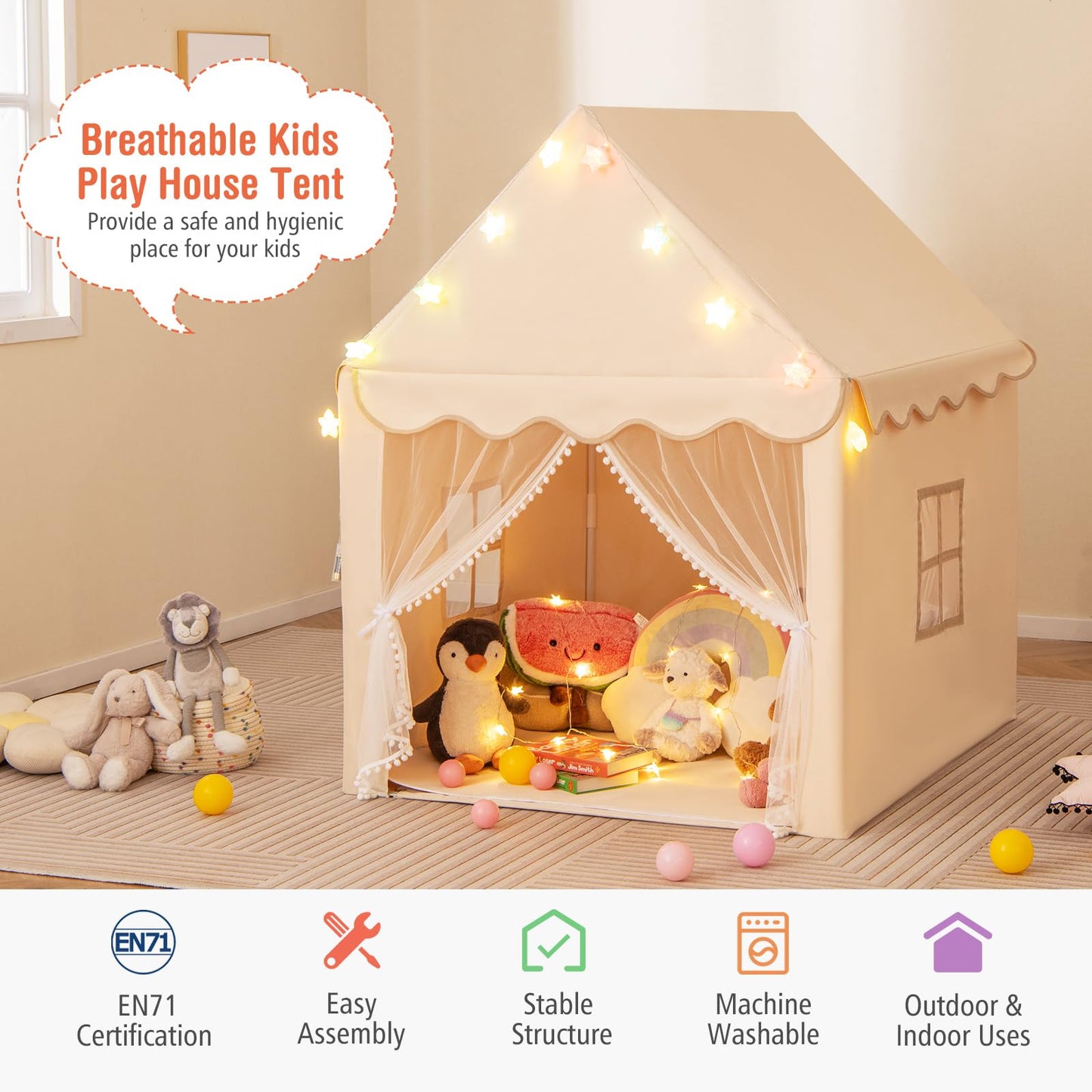 Kids Large Tent with Washable Mat and Star Lights for Children Gift