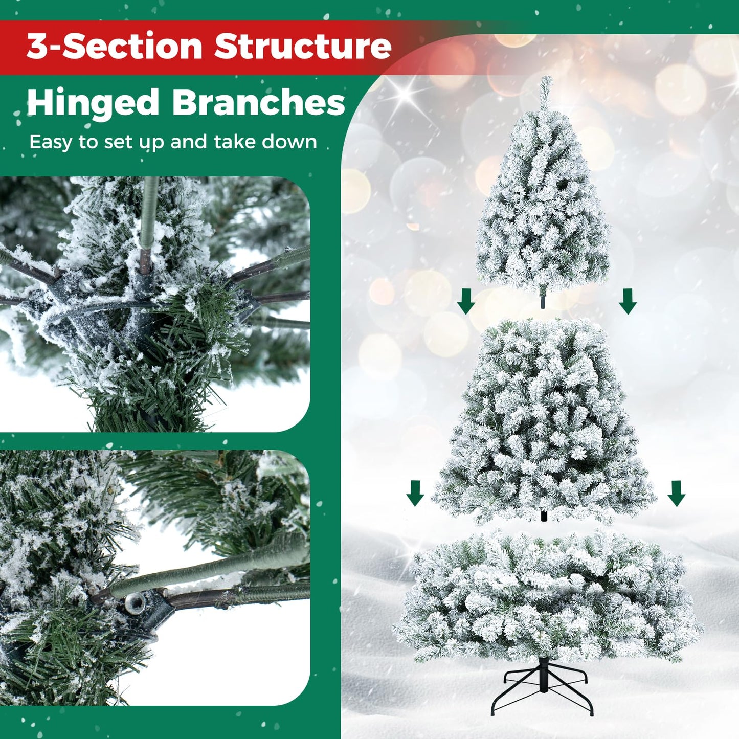 6FT Snow Flocked Christmas Tree, Pre-Lit Artificial Decoration Tree