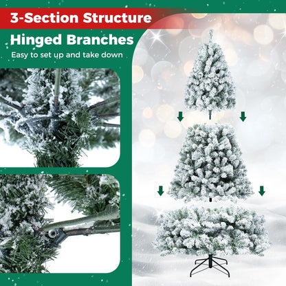 6FT Snow Flocked Christmas Tree, Pre-Lit Artificial Decoration Tree