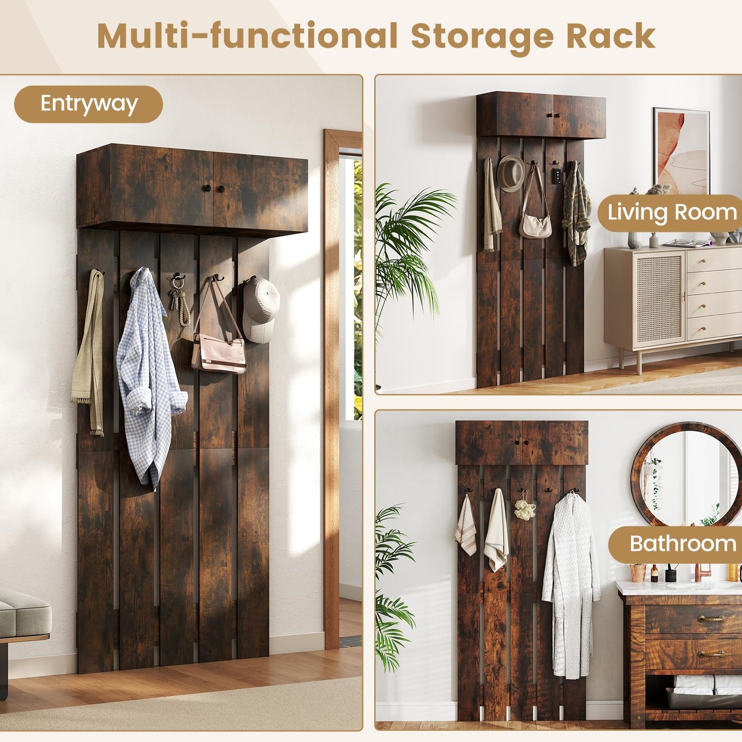 90cm Entryway Wall Mounted Coat Hooks with Shelf 2-Door Cabinet
