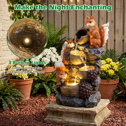 4-Tier Outdoor Water Fountain, 59cm Cascading Waterfall Fountain with 3 LED Lights