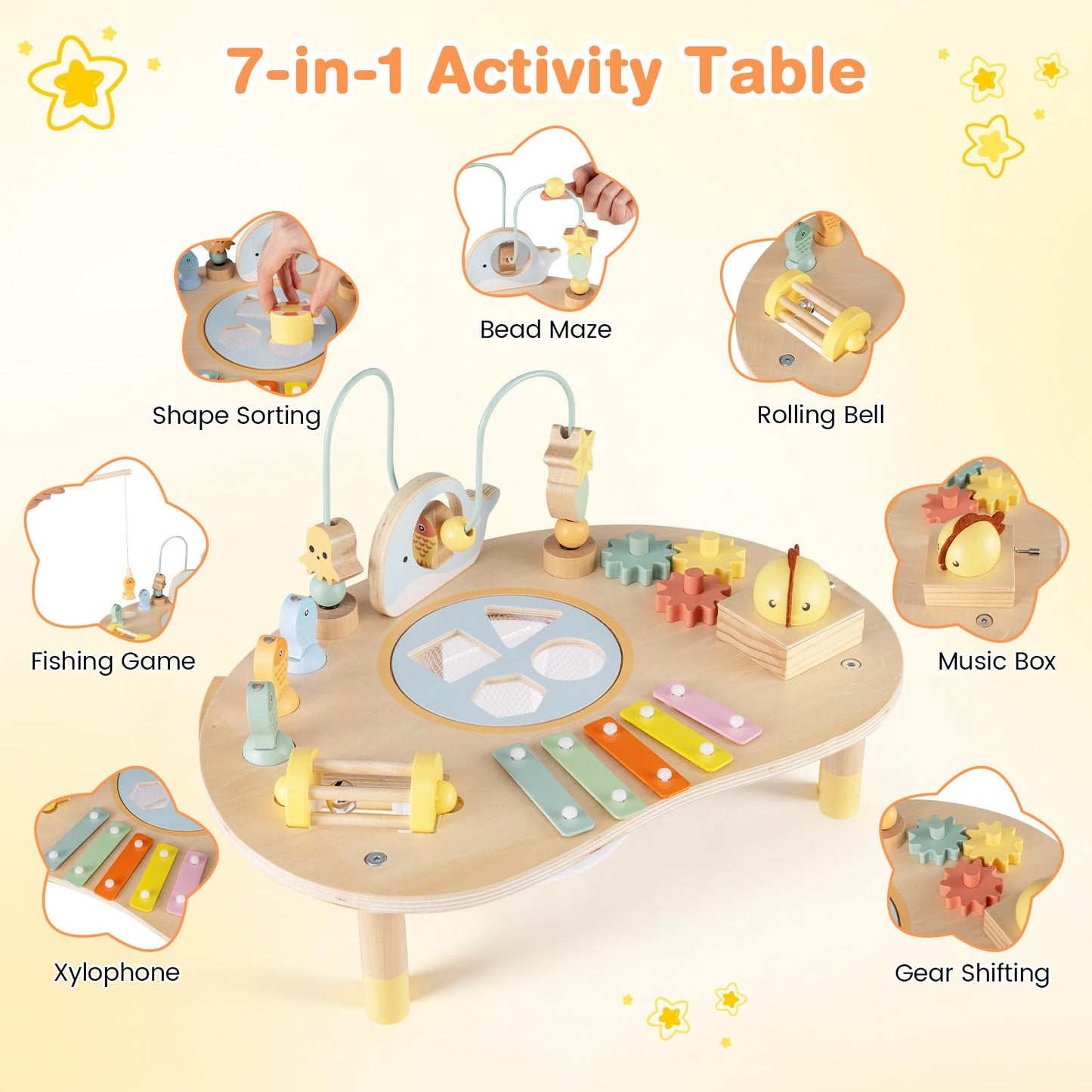 Activity Table for 1+ Year Old, 7-in-1 Wooden Montessori Toy Busy Board