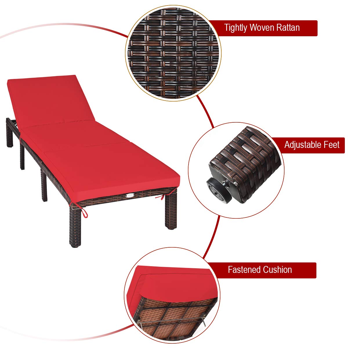 6-level Adjustable Outdoor Leisure Rattan Sun Bed with Removable Cushion