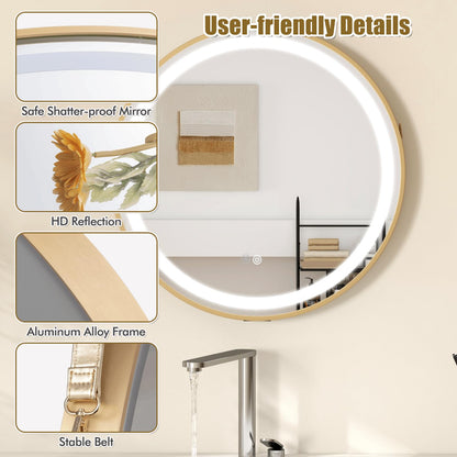 Hanging Wall Bathroom Mirror with Hanging Strap and 3 Colors LED Light