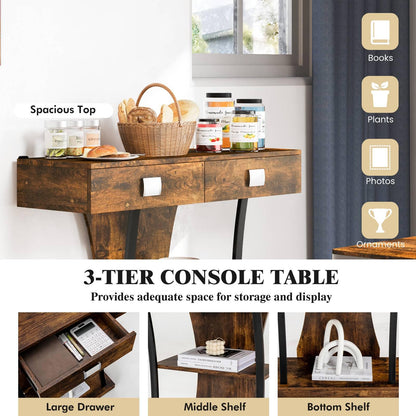 T-Shaped Foyer Console Table for Small Space with Dual Drawers