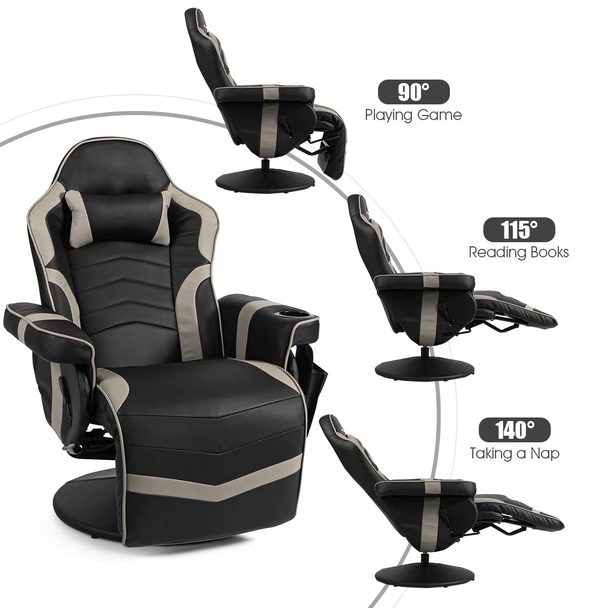 Height Adjustable Swivel Racing Video Massage Gaming Chair with Retractable Footrest