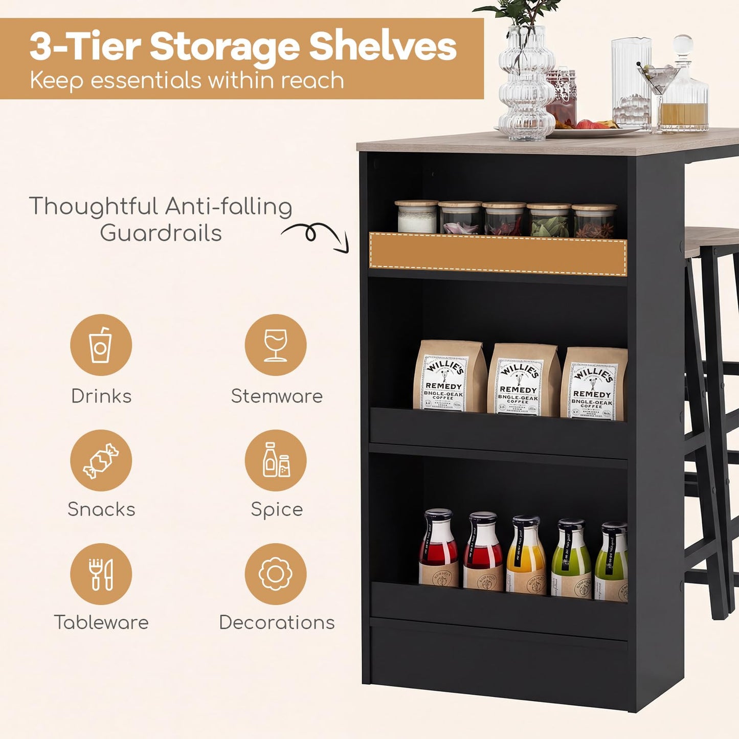 3 Piece Bar Table Set, Dining Table and 2 Stools with 3-Tier Side Shelves & Footrest