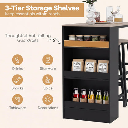3 Piece Bar Table Set, Dining Table and 2 Stools with 3-Tier Side Shelves & Footrest