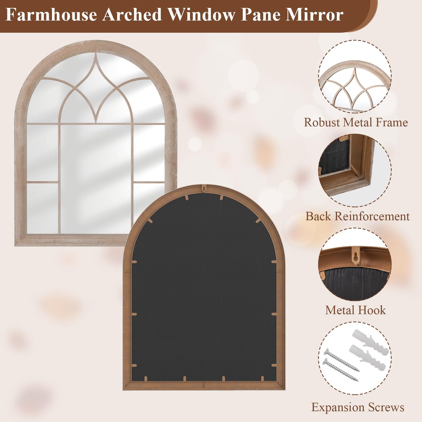 Arched Window Wall Mirror, Farmhouse Hanging Accent Decorative Mirror