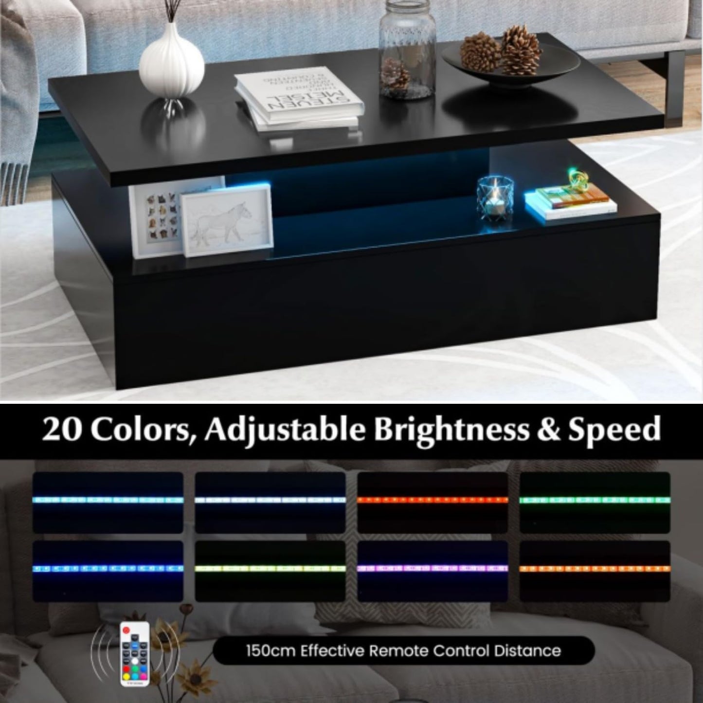 LED Coffee Table, 2 Tier Cocktail Center Table with Adjustable Light Colors