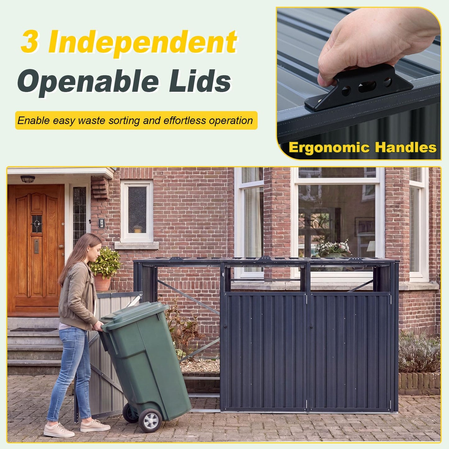 3-Bin Wheelie Bin Storage with Flip-Up Lids & Lockable Doors