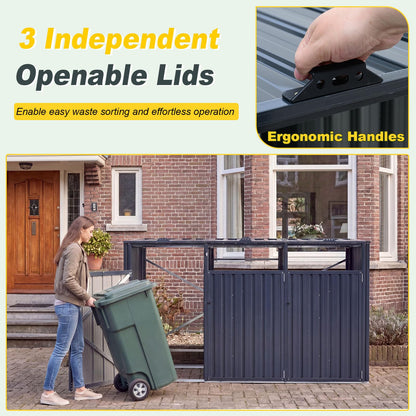 3-Bin Wheelie Bin Storage with Flip-Up Lids & Lockable Doors