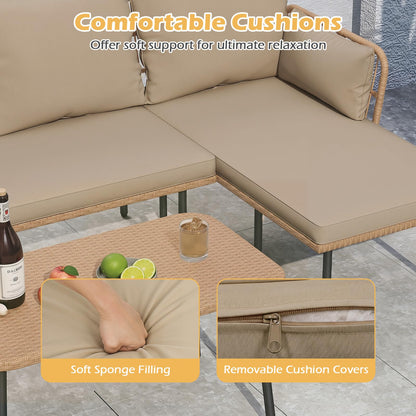 4-Seater Rattan Garden Furniture Set, 3-Piece L Shaped Sectional Outdoor Corner Sofa Sets