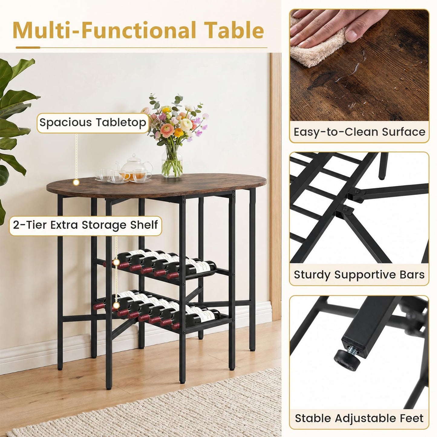 3-Piece Drop Leaf Dining Table Set with 2 Chairs and 2-Tier Storage Shelves for Kitchen
