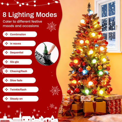 150 CM Pre-Lit Artificial Slim Pencil Hinged Christmas Tree with 39 Multicolored Globe LED Lights