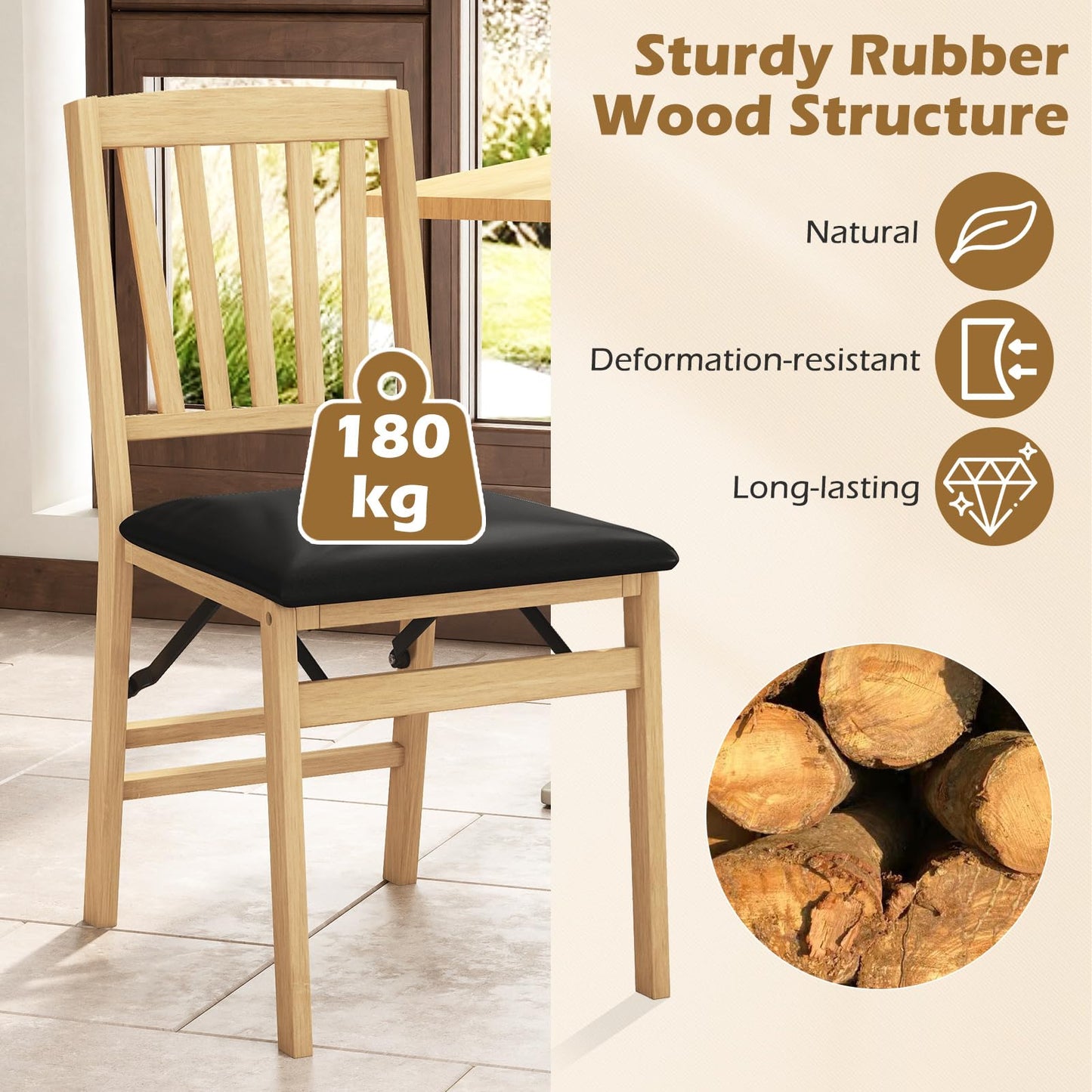 Folding Dining Chair Set of 2 with Rubber Wood Frame and Padded Seat