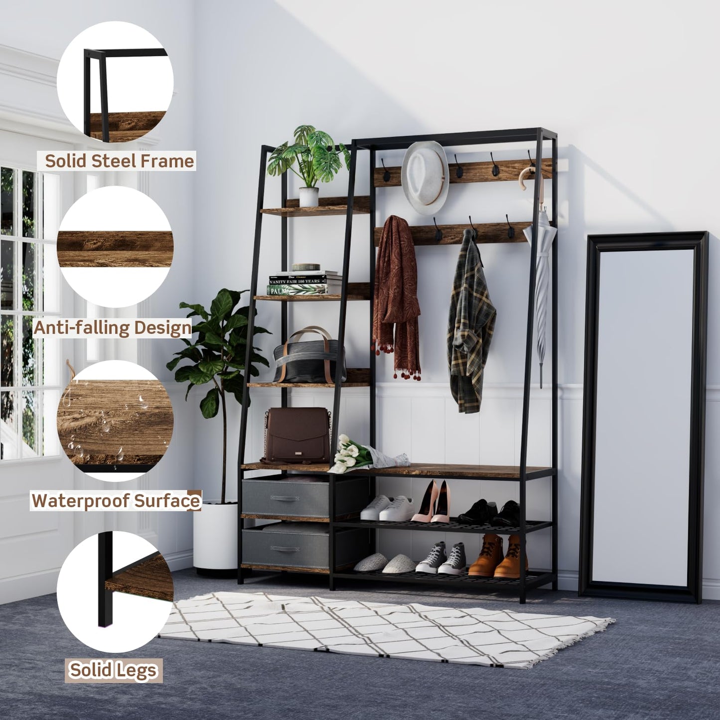 6-in-1 Freestanding Garment Coat Rack with 9 Hooks and 6 Storage Shelves