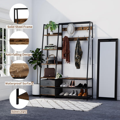 6-in-1 Freestanding Garment Coat Rack with 9 Hooks and 6 Storage Shelves