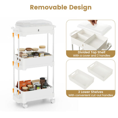 3-Tier Rolling Utility Cart Storage Trolley with Removable Cover and Shelves