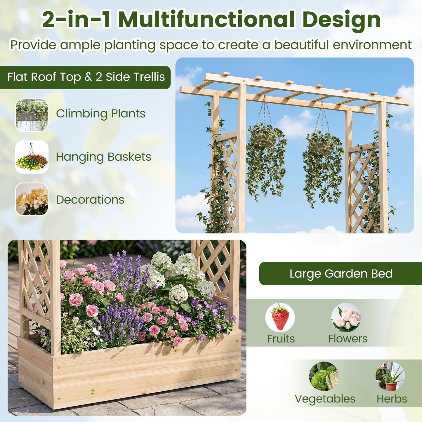 Garden Planter with Trellis, Hanging Roof and Drainage Holes