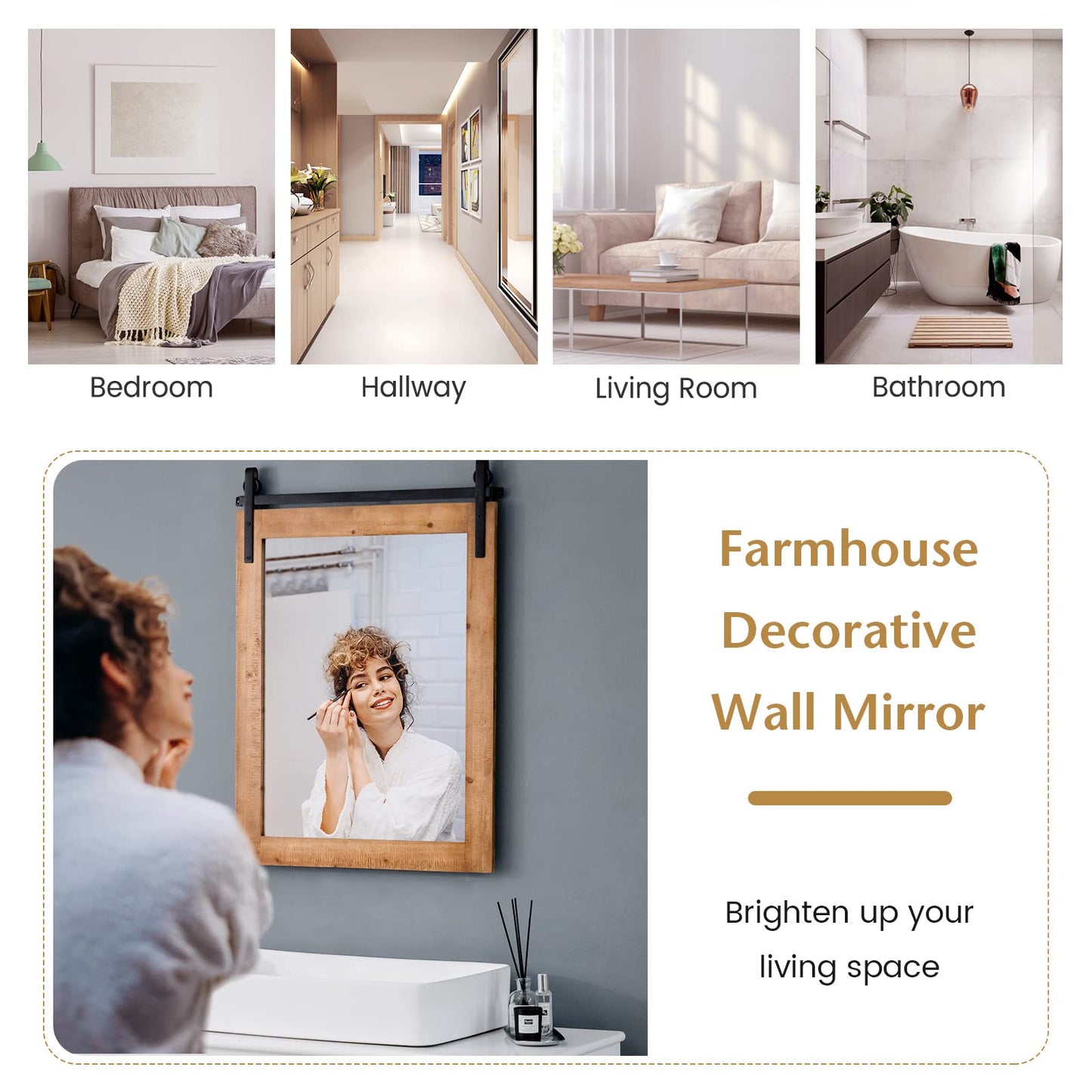 Wall Mounted Mirror with Solid Wood Frame and Metal Bracket