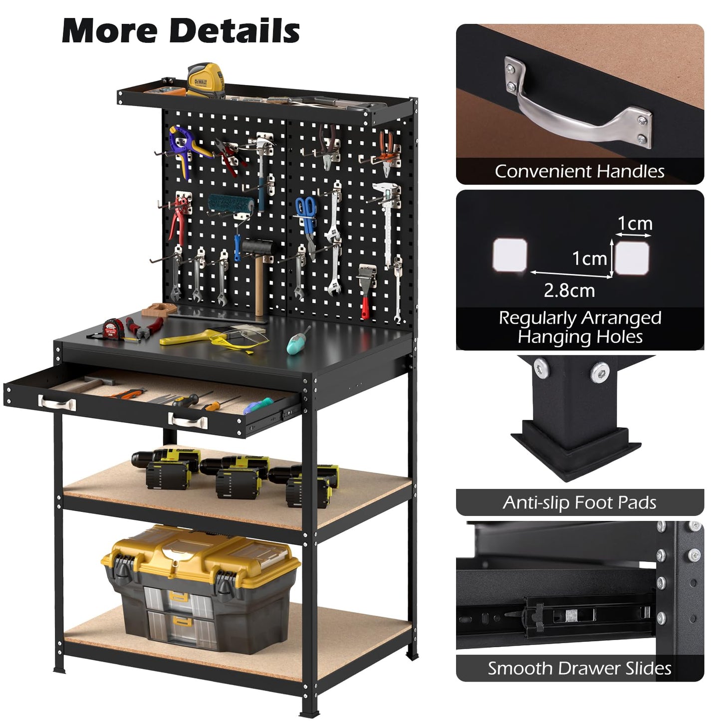 81 x 41 CM Workbench with Pegboard and Drawer and Shelves
