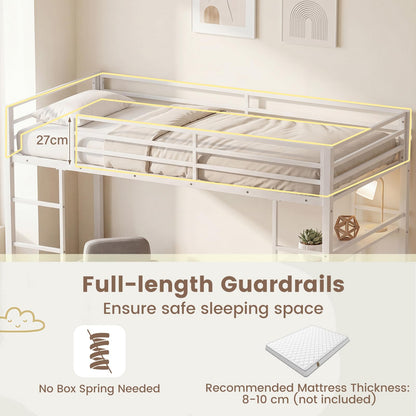 Kids Loft Bed, Metal Single Size Low Loft Bed with Under-Bed Space