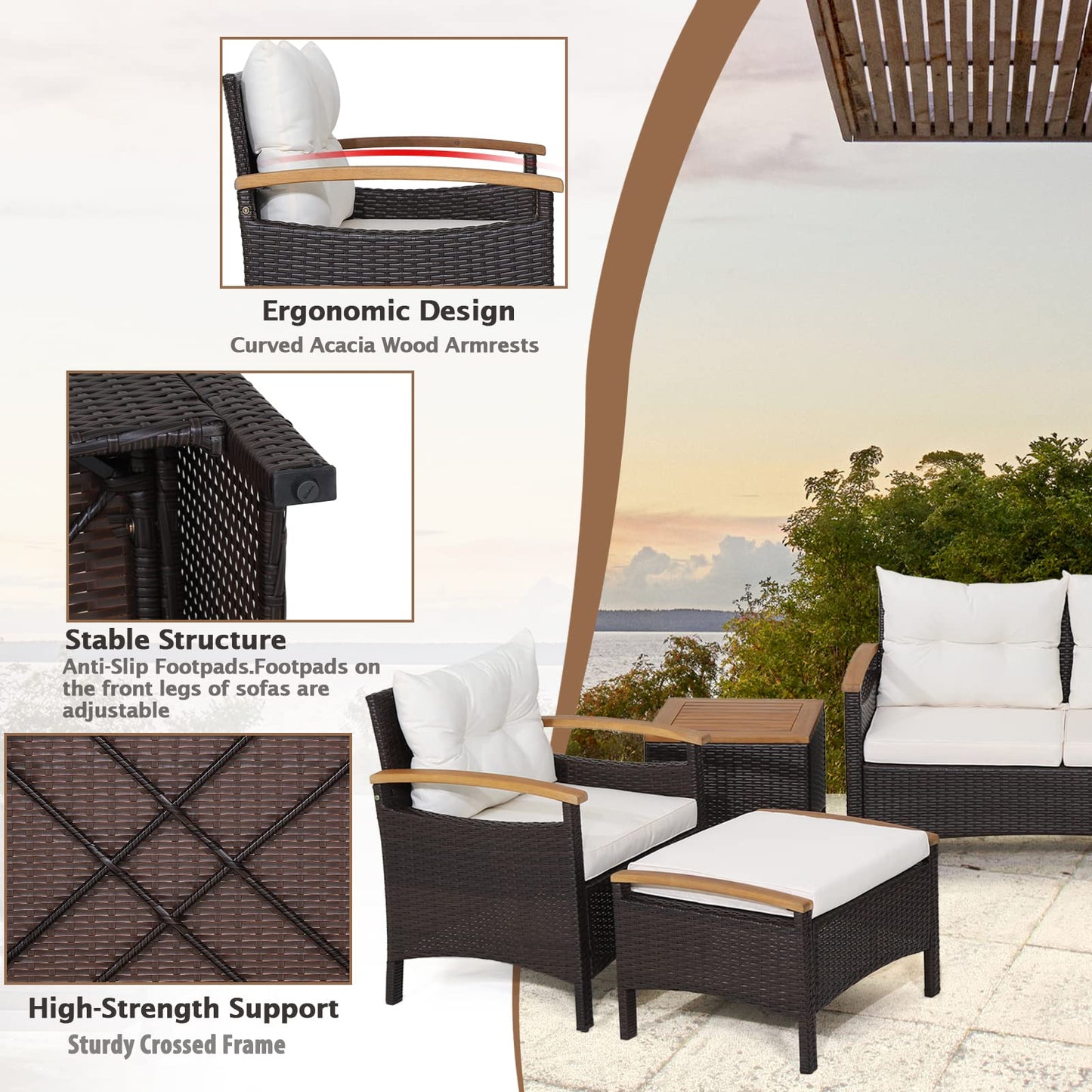 7 PCS Garden Rattan Furniture Set for Yard Poolside