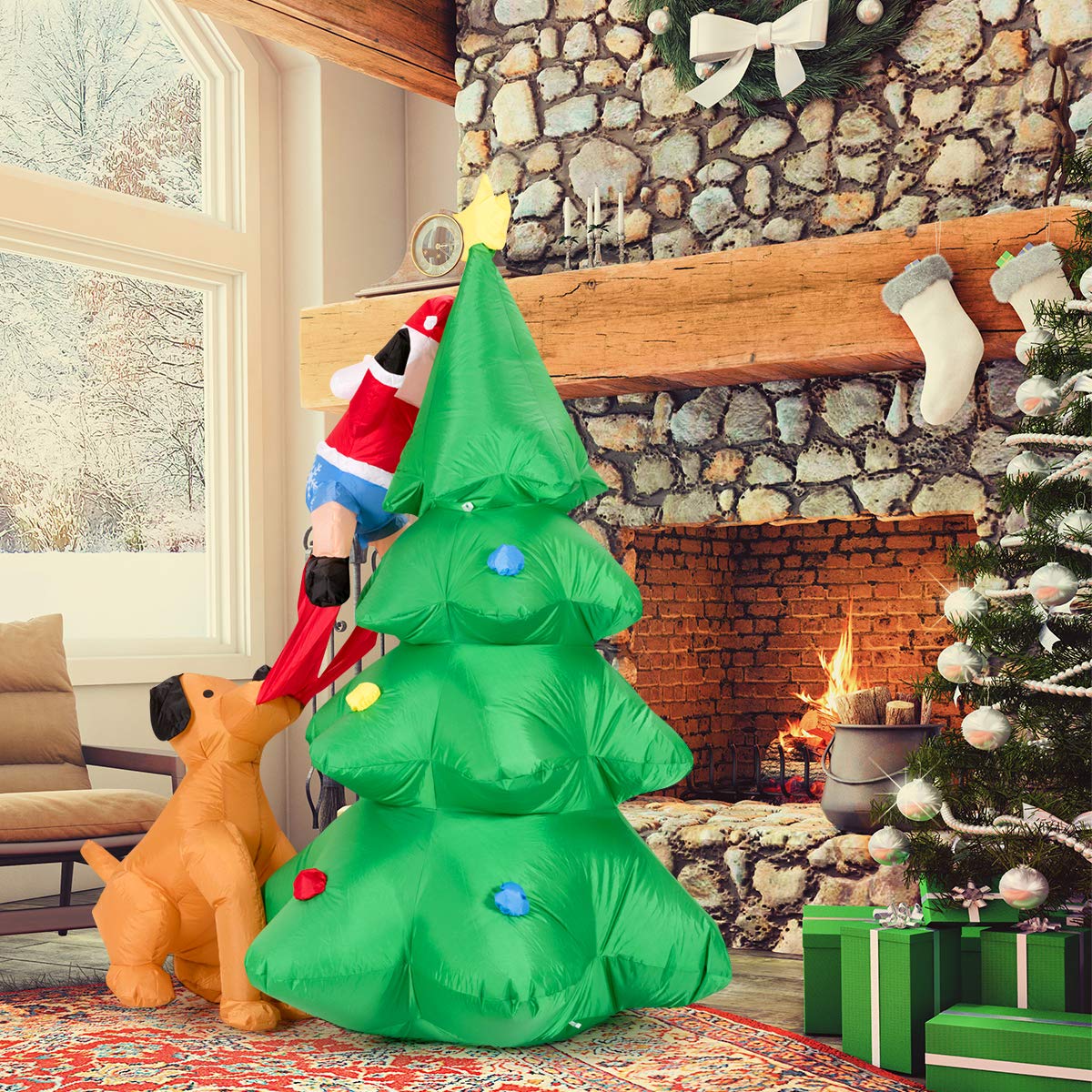 1.8m Inflatable Dog Chasing Santa to a Christmas Tree with LED Lights