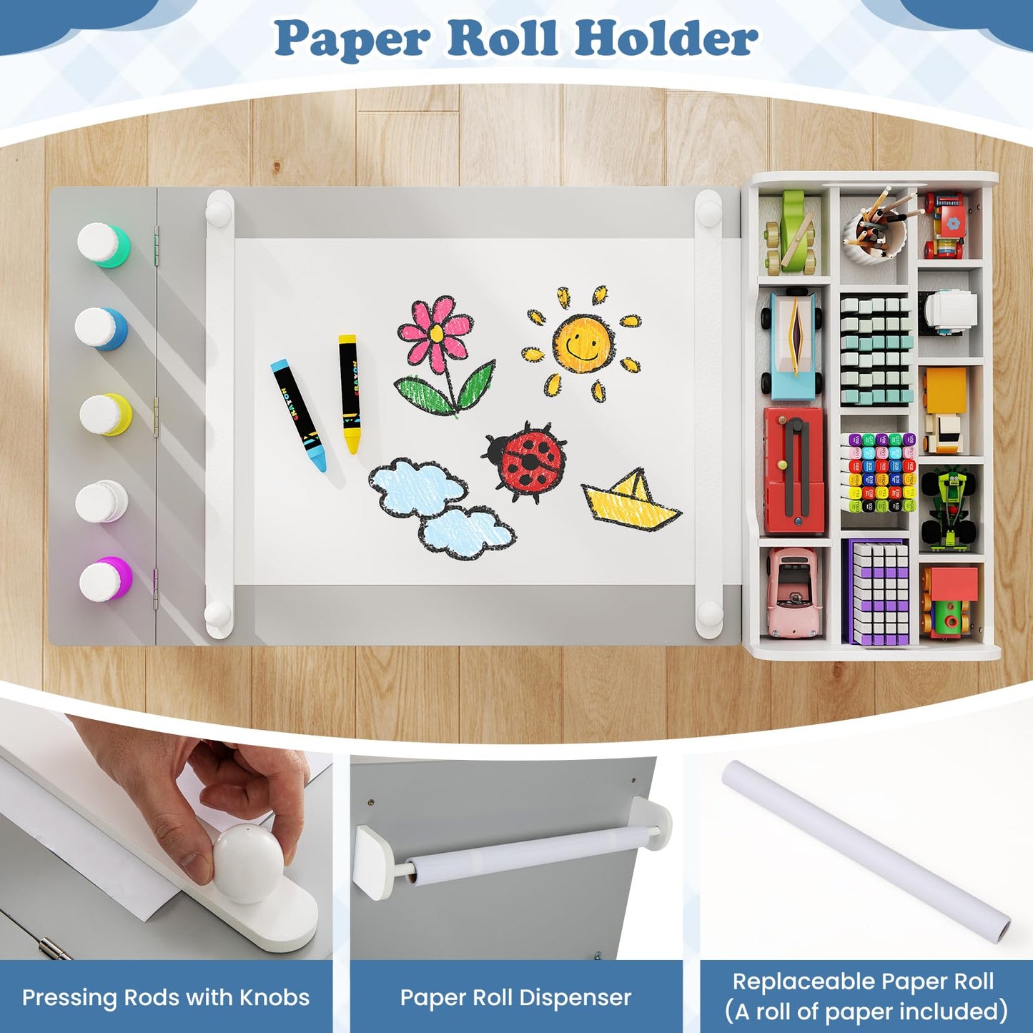 Kids Art Craft Table and Chairs Set with Paper Roll Flip up Tabletop
