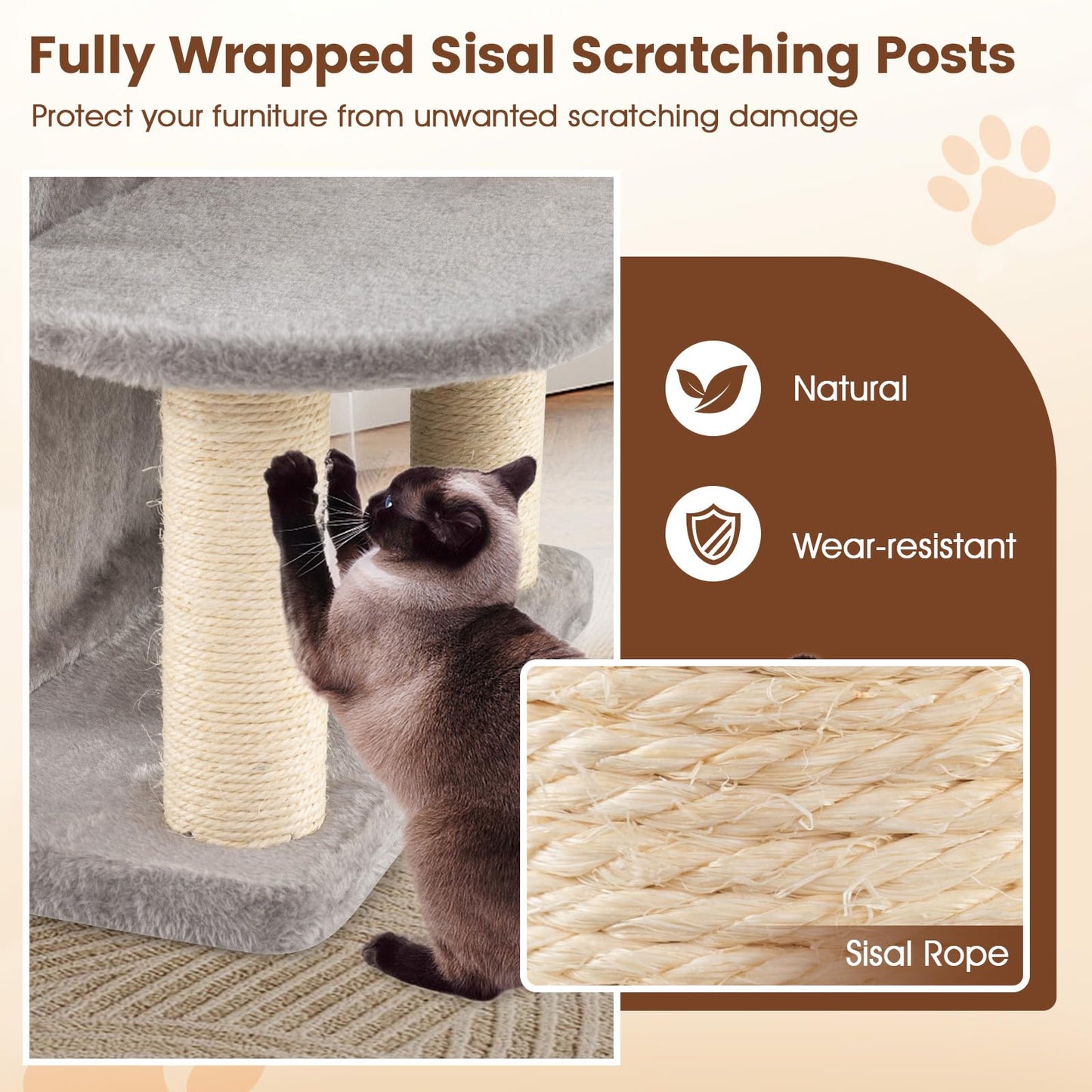 Cat Tree, 123cm Tall Multi-Layer Cats Tower with Plush Perch, 2-story Condo, 3 Hideaway Caves