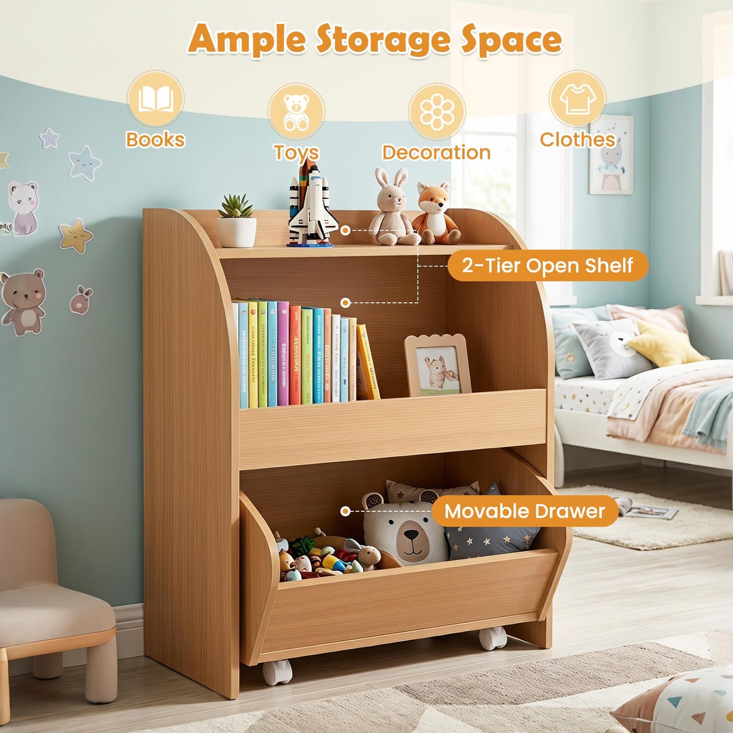 Toy Storage Organizer, Kids Bookcase with Movable Drawer