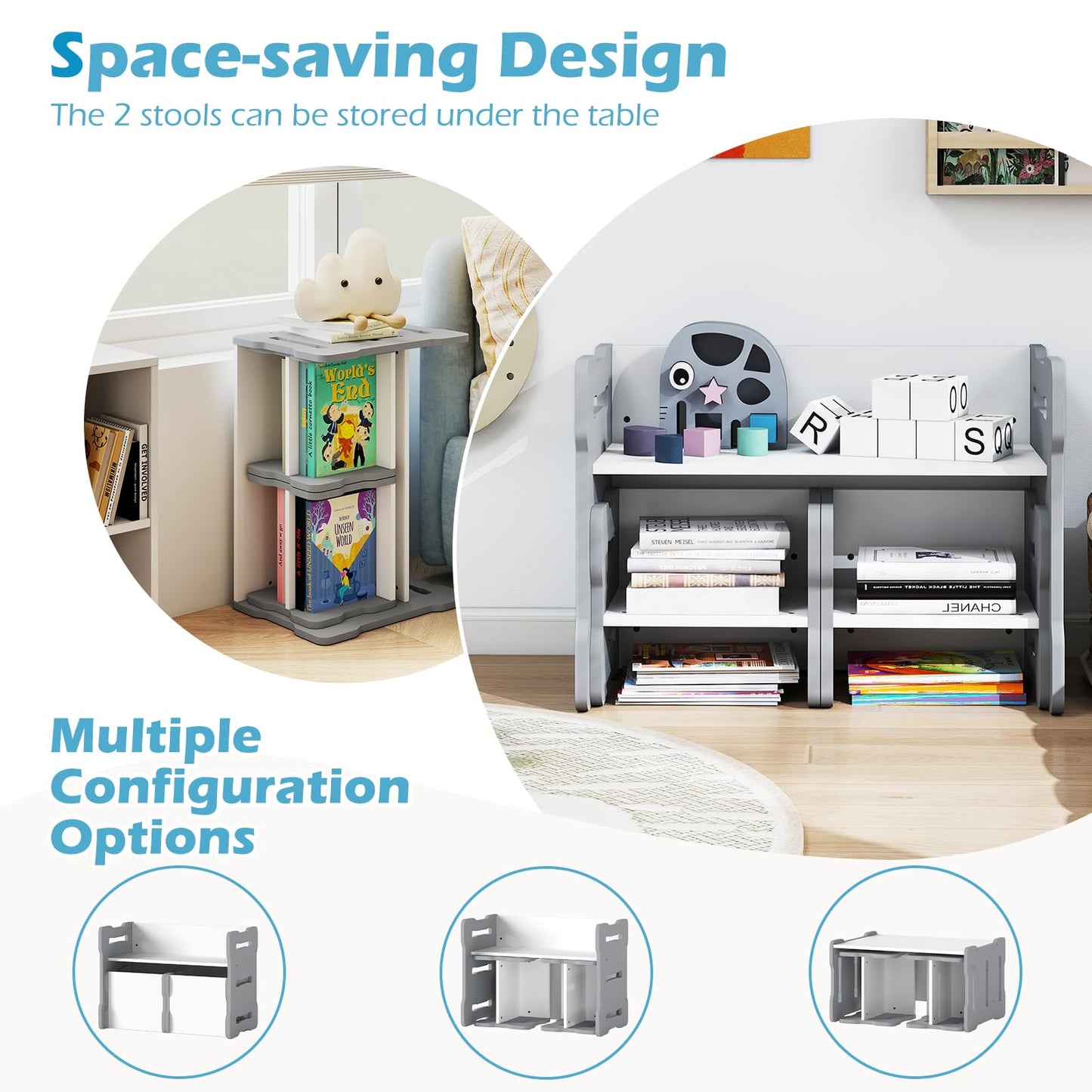 Kids Table and Chair Set 3-Piece Toddler Set with 2 Stools and Activity Table