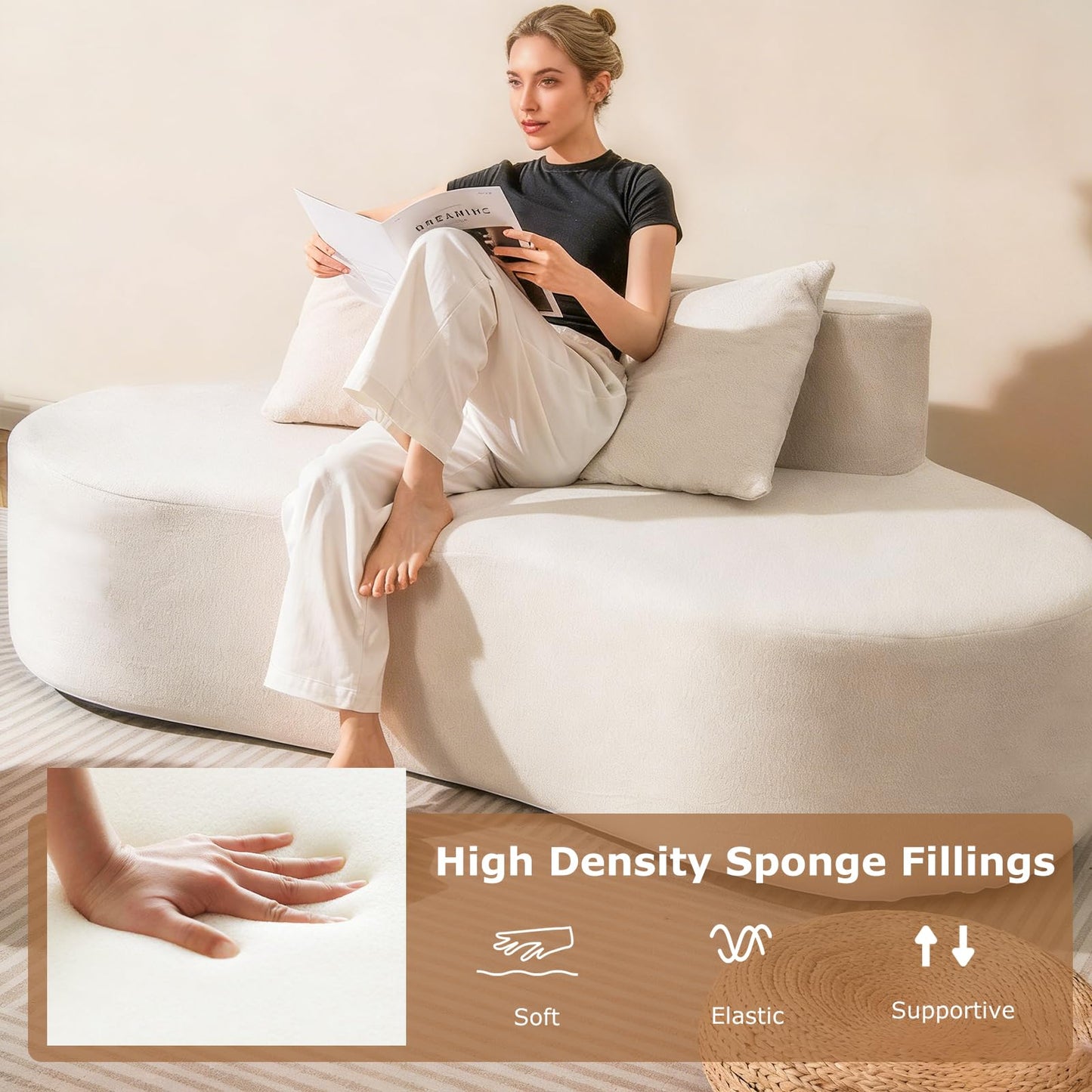 Upholstered Curved Sofa with 2 Cozy Pillows and Low Backrest