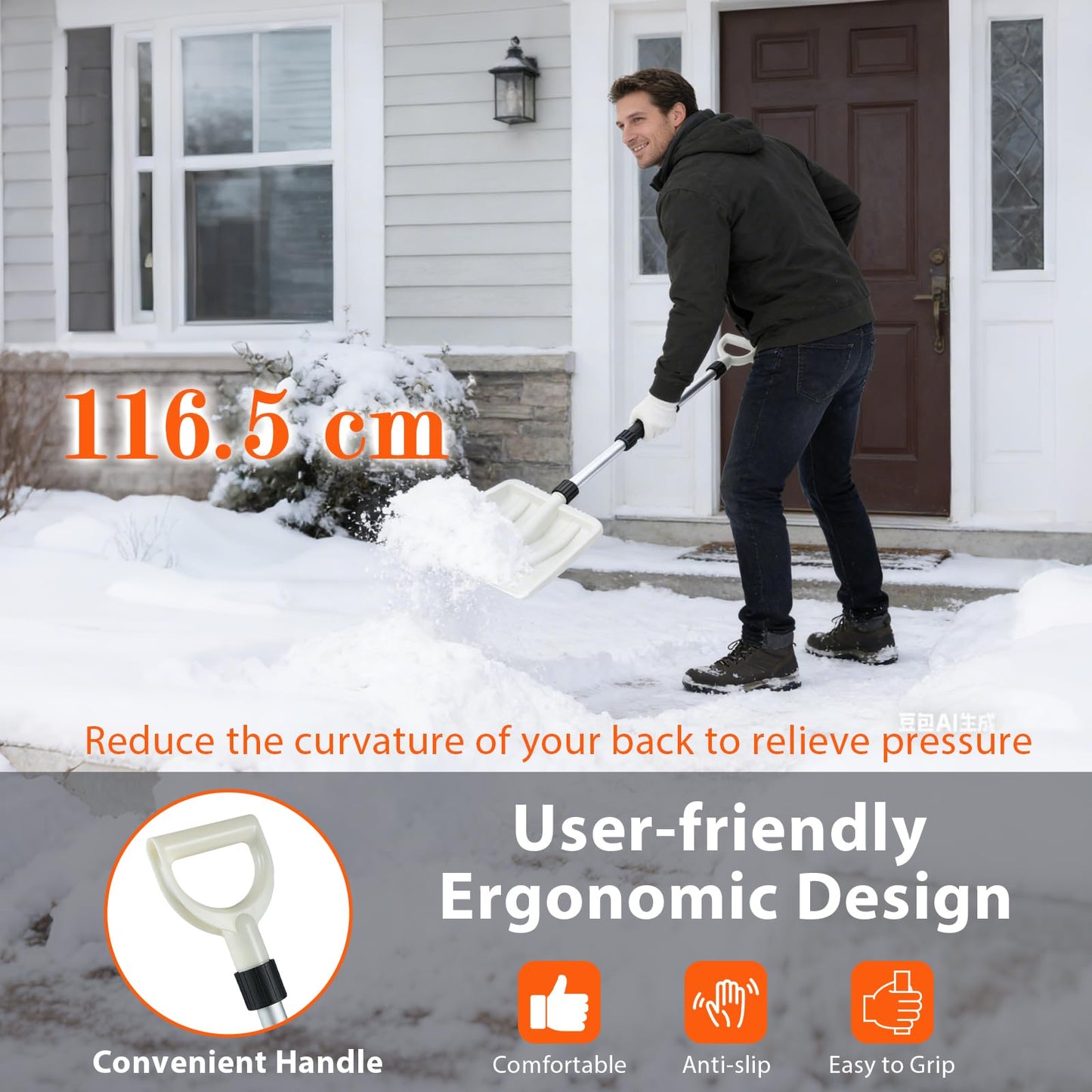 Snow Shovel, 116cm Long Snow Removal Tool with Ergonomic Handle