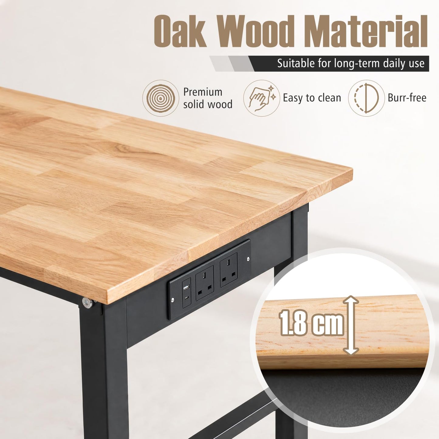 46 Inch Adjustable Workbench with Wheels and Power Outlet Oak Top for Garage