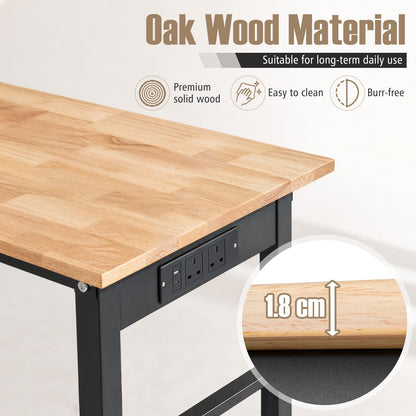 46 Inch Adjustable Workbench with Wheels and Power Outlet Oak Top for Garage