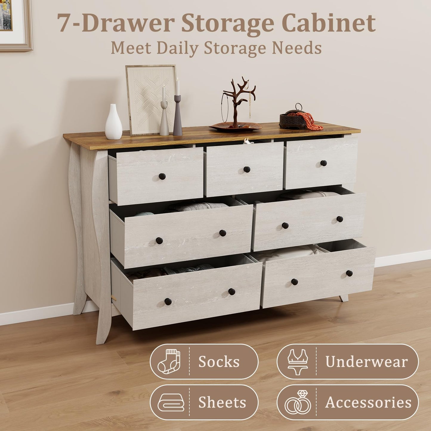 Farmhouse Dresser for Bedroom with 3 Folding Fabric Drawers