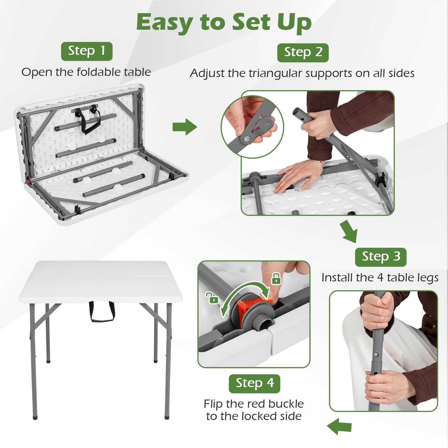 34"(3ft) Folding Table, Fold in Half Square Tables with Handle, Portable Plastic Dining Camping Trestle Table