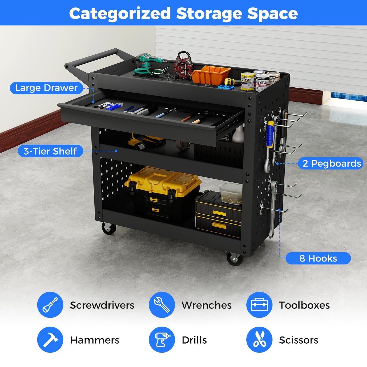 3-Tier Tool Trolley on Wheels, Lockable Metal Mechanic Tool Cart with Drawer
